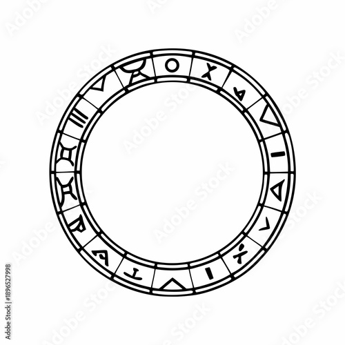 Ancient Rune Circle with Mystical Symbols Arranged Along the Circumference Isolated on White Background,  vector outline contour illustration, black line