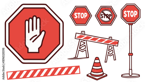 Various road safety signs and barriers - in trendy line style, line icons set, media, website, blog, content, web icon set, Vector illustration