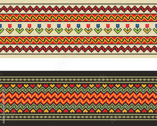 Traditional Slavic, Balkan, Bulgarian decorative border seamless vector series. Ornamental motifs for folklore costume, clothing, textile, embroidery, damask, craft knitting, sewing. Cultural heritage