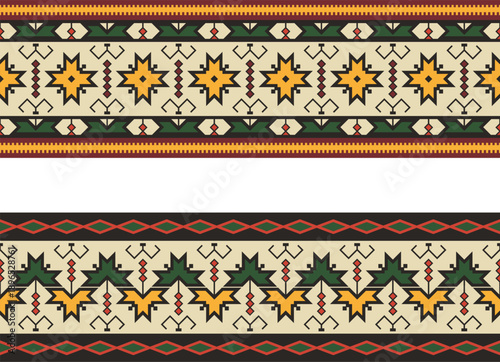 Traditional Slavic, Balkan, Bulgarian decorative frieze seamless vector series. Colorful ornamental motifs for folklore costume, clothing, textile, embroidery, damask, knitting, Christmas patterns.