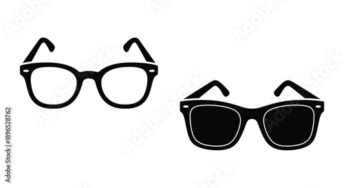 Two pairs of eyeglasses and sunglasses presented in a black silhouette