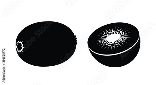 Kiwi fruit depiction whole and halved a striking black silhouette