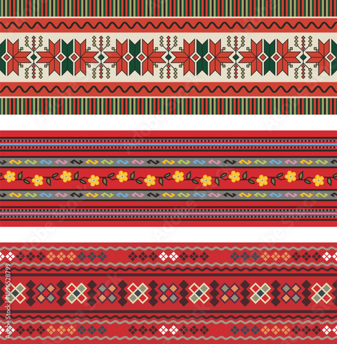 Traditional Slavic, Balkan, Bulgarian decorative frieze seamless vector series. Colorful ornamental motifs for folklore costume, clothing, textile, embroidery, damask, knitting, Christmas patterns.