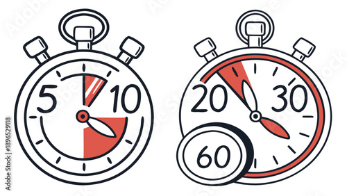 Two stopwatches displaying different time intervals - in trendy line style, line icons set, media, website, blog, content, web icon set, Vector illustration