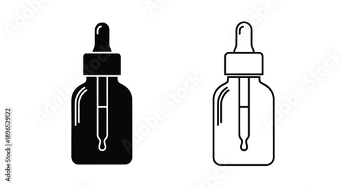 Two dropper bottles one filled and one empty in a stark silhouette