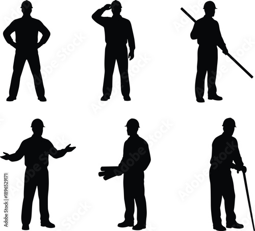 Construction, Worker, Silhouette, Labor, Pose, Tool, Hardhat, Standing, Gesture, Blueprint, Rod, Icon, Graphic, Manual, Job, Site, Build, Design, Figure, Illustration