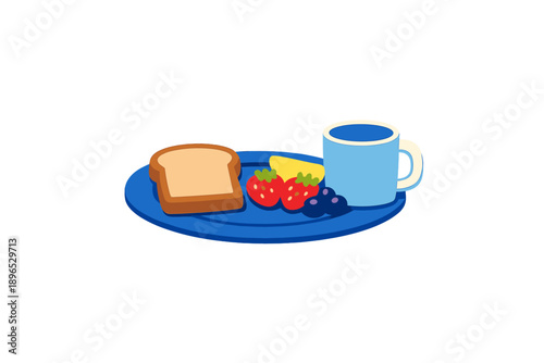 Colorful breakfast plate with bread, fruit, and a drink placed on a blue dish showing a morning meal ready to be eaten based on a simple setup