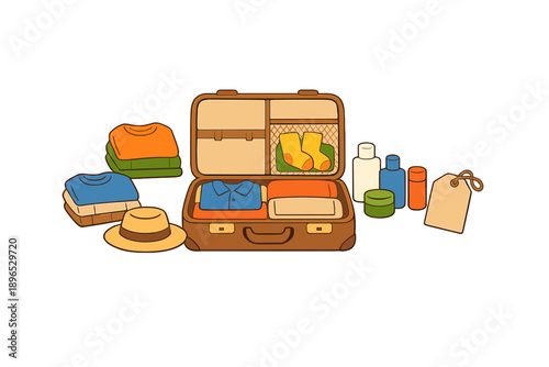 Packing a suitcase for travel includes clothes, toiletries, and accessories laid out on a flat surface in preparation for a trip