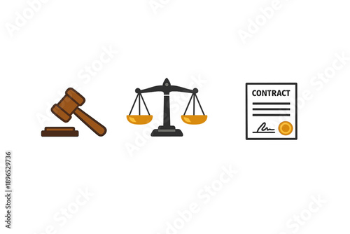 Symbols of law and justice represent important concepts in legal systems, showcasing the gavel, balance scales, and a contract