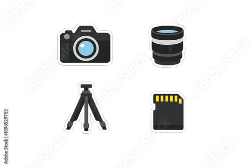 Different tools for photography including a camera, lens, tripod, and memory card on a white background