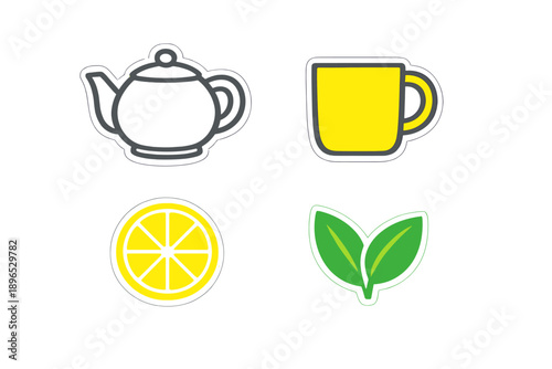 Stickers showing teapot, cup, lemon, and tea leaves for a creative project or decoration