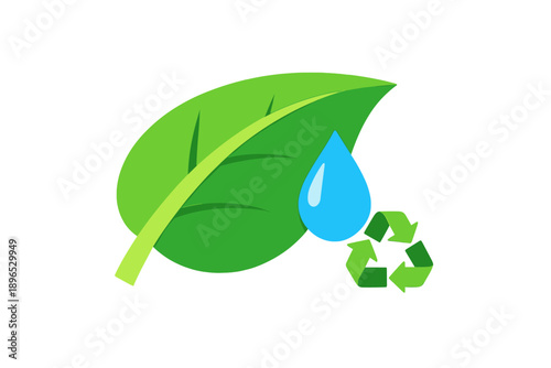 Leaf with water drop and recycling symbol shows importance of water conservation and environmental care in nature and sustainability efforts
