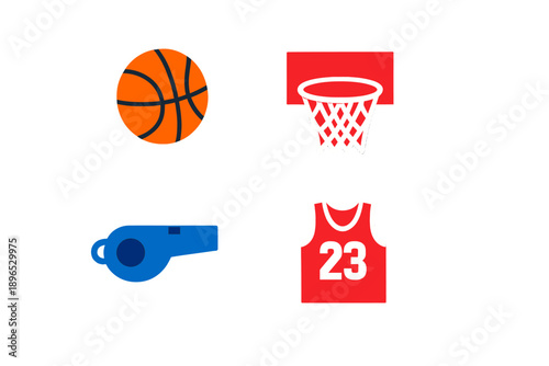 Different symbols related to basketball shown as simple illustrations including a ball, a hoop, a whistle, and a jersey with a number