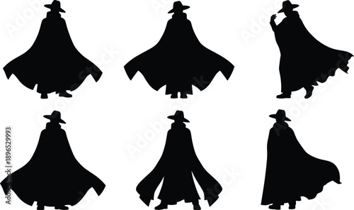 Mysterious silhouette collection, wide-brimmed hat figure, cape-wearing character design, theatrical shadow icons, spy or detective poses, dramatic movement shapes