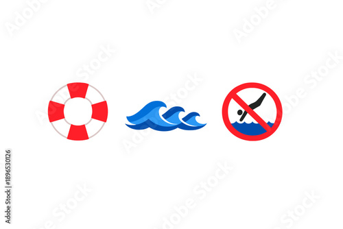 Symbols of water safety at a beach with a lifebuoy, waves, and a sign showing no snorkeling allowed near the shoreline during sunny weather