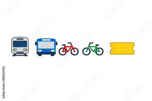 Train, bus, and bicycles show different transport options with a ticket in a simple graphic style