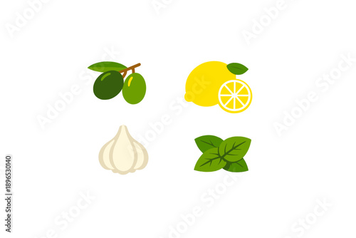 Fresh ingredients for cooking include olives, lemon, garlic, and mint on a simple white background for recipe preparation