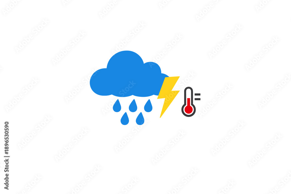 Obraz premium Weather icon showing rain, lightning, and a thermometer indicating temperature for a stormy day