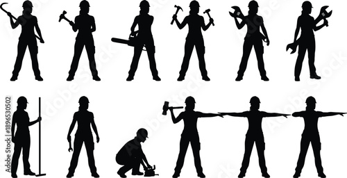 Women, Construction, Worker, Silhouette, Labor, Tool, Pose, Hardhat, Diversity, Inclusion, Manual, Equipment, Job, Icon, Graphic, Build, Work, Design, Figure, Illustration
