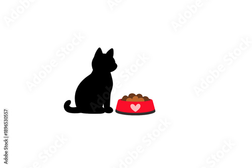 Black cat sits near a bowl of food at home in a simple indoor setting during the day while waiting for its meal