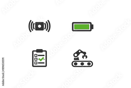 Icons show various symbols including a recording, battery level, checklist, and robotic arm along with a conveyor belt indicating tasks and processes in technology and industry