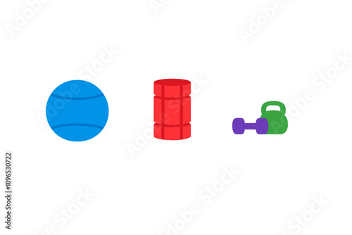 Various types of fitness equipment displayed on a white background showing a blue ball, red weight, and green kettle bell