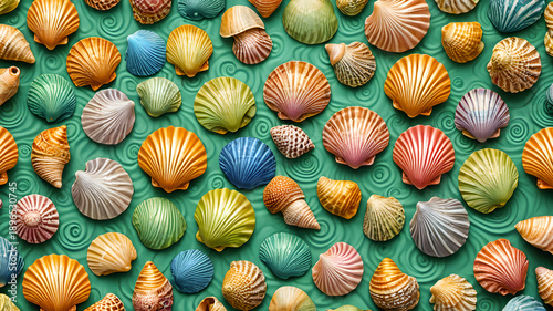 Seashells in decorative sea waves. Dynamic illustration. Shell background.	