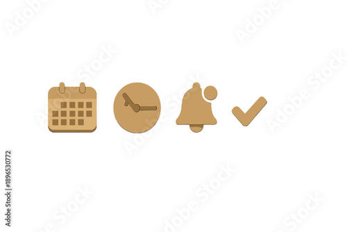 Icons show a calendar, clock, notification bell, and checkmark used for task and schedule management