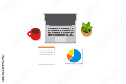 Working at a desk with a laptop, coffee cup, plant, notepad and pie chart on a white background during a workday