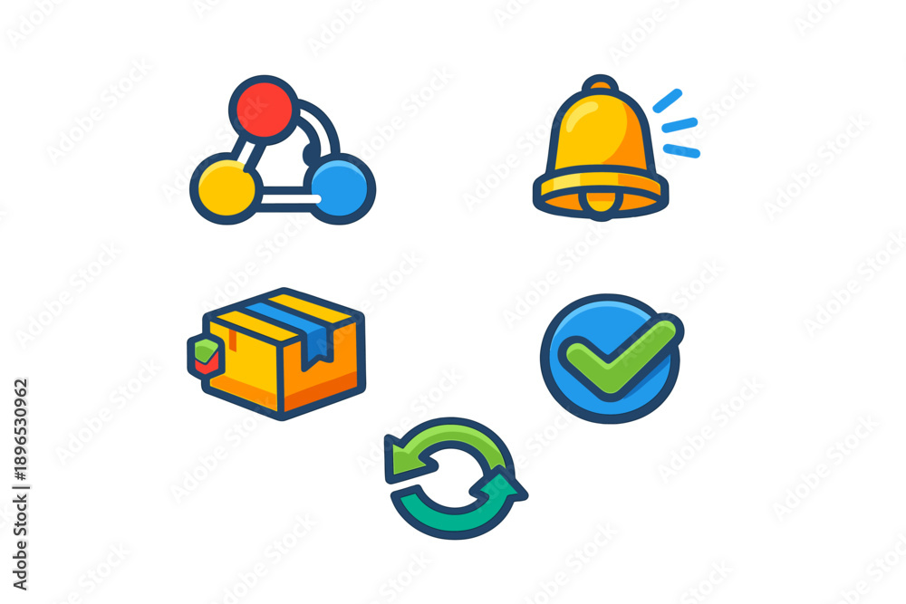 Fototapeta premium Colorful icons representing different concepts of communication and delivery, including notifications, logistics, and confirmation, displayed on a white background