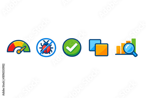 Icons represent different aspects of performance and safety in a digital context, showing analytics, security, and checks