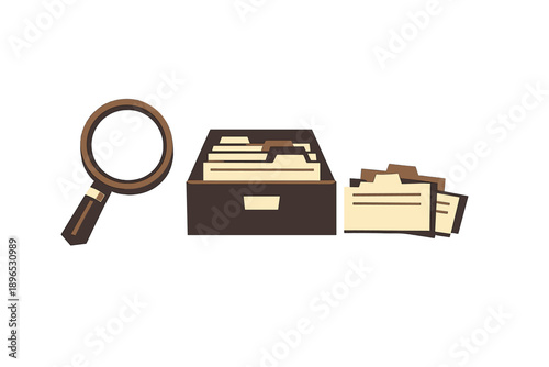 Organizing documents with a magnifying glass and a storage box on a flat surface in an office setting during daytime