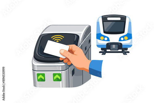 Hand holds transit card near ticket reader as train waits on platform during busy commute time