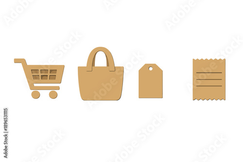 Shopping symbols include a cart, a bag, a tag, and a receipt arranged in a straight line against a white background during a retail promotion event