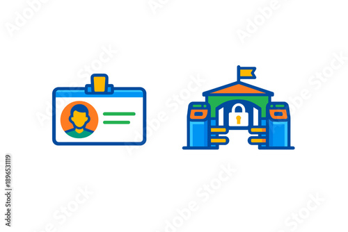 Id card and secure entrance design in flat style showing identity verification and access control in a modern setting