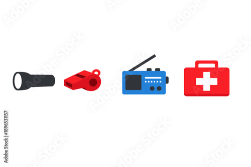 Items used for safety and emergency situations including a flashlight, whistle, radio, and first aid kit