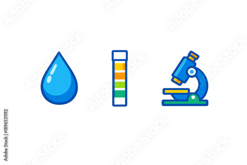 Illustration shows a water droplet, a test tube with colored liquid, and a microscope in a lab setting
