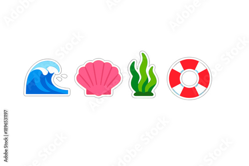 Colorful ocean icons show water, shell, seaweed, and lifesaver against a white background