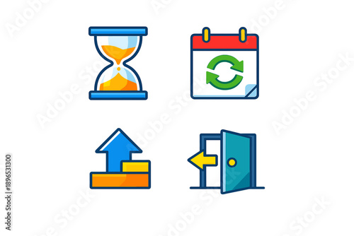 Icons representing concepts of time management, scheduling, growth, and progress in a simple design