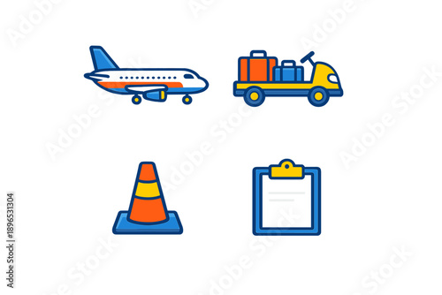 Airplane preparing for takeoff with luggage truck, traffic cone, and clipboard on the tarmac at an airport during daytime