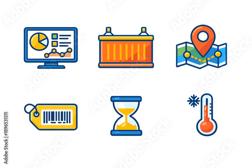 Icons for data analysis, battery storage, location tracking, product labeling, time management, and temperature measurement created in a flat design style