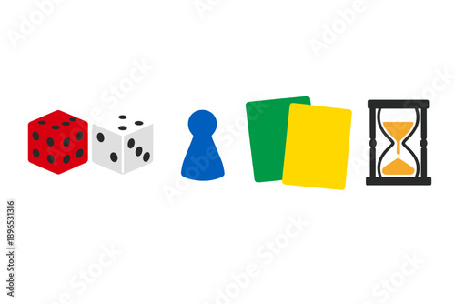 Various game pieces are shown together, including dice, a pawn, cards, and an hourglass representing different board games and activities during leisure time