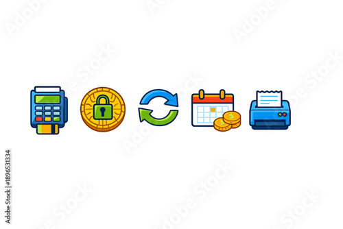 Different symbols representing payment methods, security, and transaction processes in a digital finance context