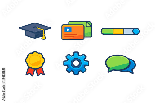 Different icons showing education and technology elements, including graduation cap, video card, progress bar, badge, gear, and chat bubbles, used for digital design and communication