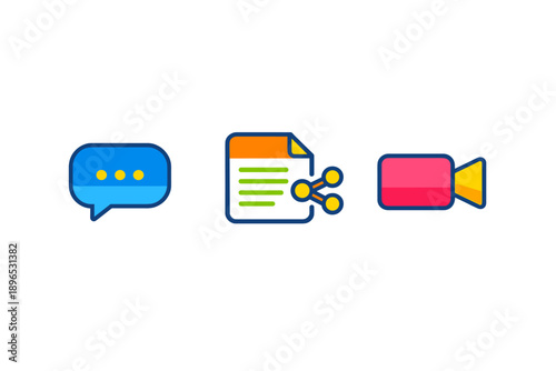 Icons representing communication, collaboration, and media sharing on a digital platform for social interaction in different contexts