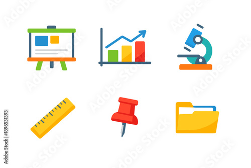 Visual elements showing tools for education and analysis including a presentation board, graph, microscope, ruler, pushpin, and folder