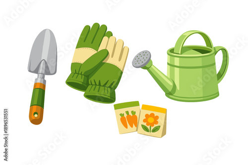 Tools and supplies for gardening activities including gloves, watering can, trowel, and seed packets on a plain background