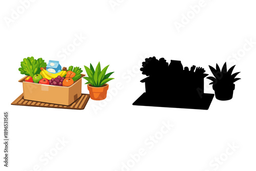 Creative display of fresh fruits and vegetables in a box with plants on a mat in a simple setting
