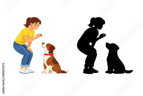 Girl and dog interact in a training session in a bright, simple space during daylight hours