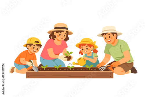 Family works together to plant vegetables in a garden during the day in a backyard with smiles on their faces and tools in their hands